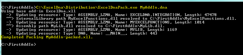 Excel-DNA Packing Tool Packing CommandLine Output